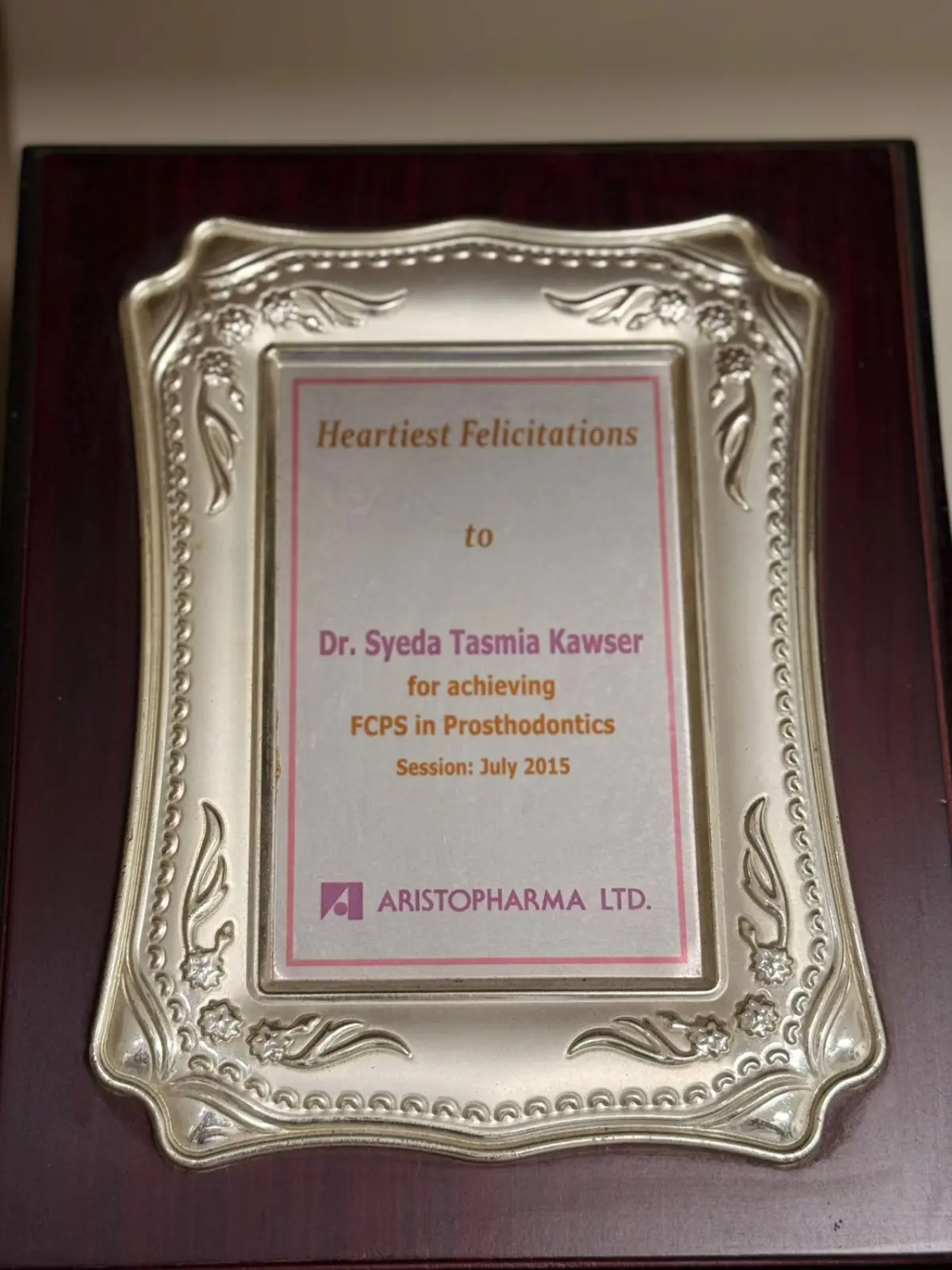 Dr. Tasmia Awards from Aristopharma