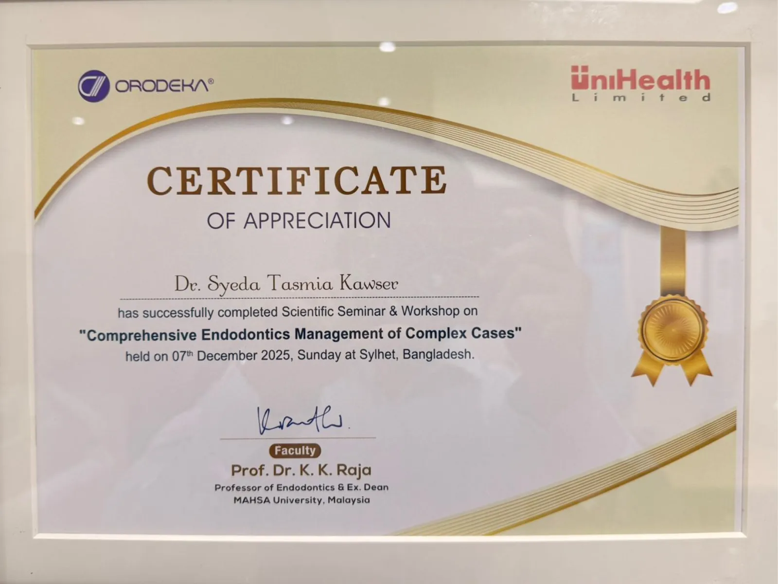 Dr. Tasmia CERTIFICATE OF APPRECIATION MAHSA University Malaysia